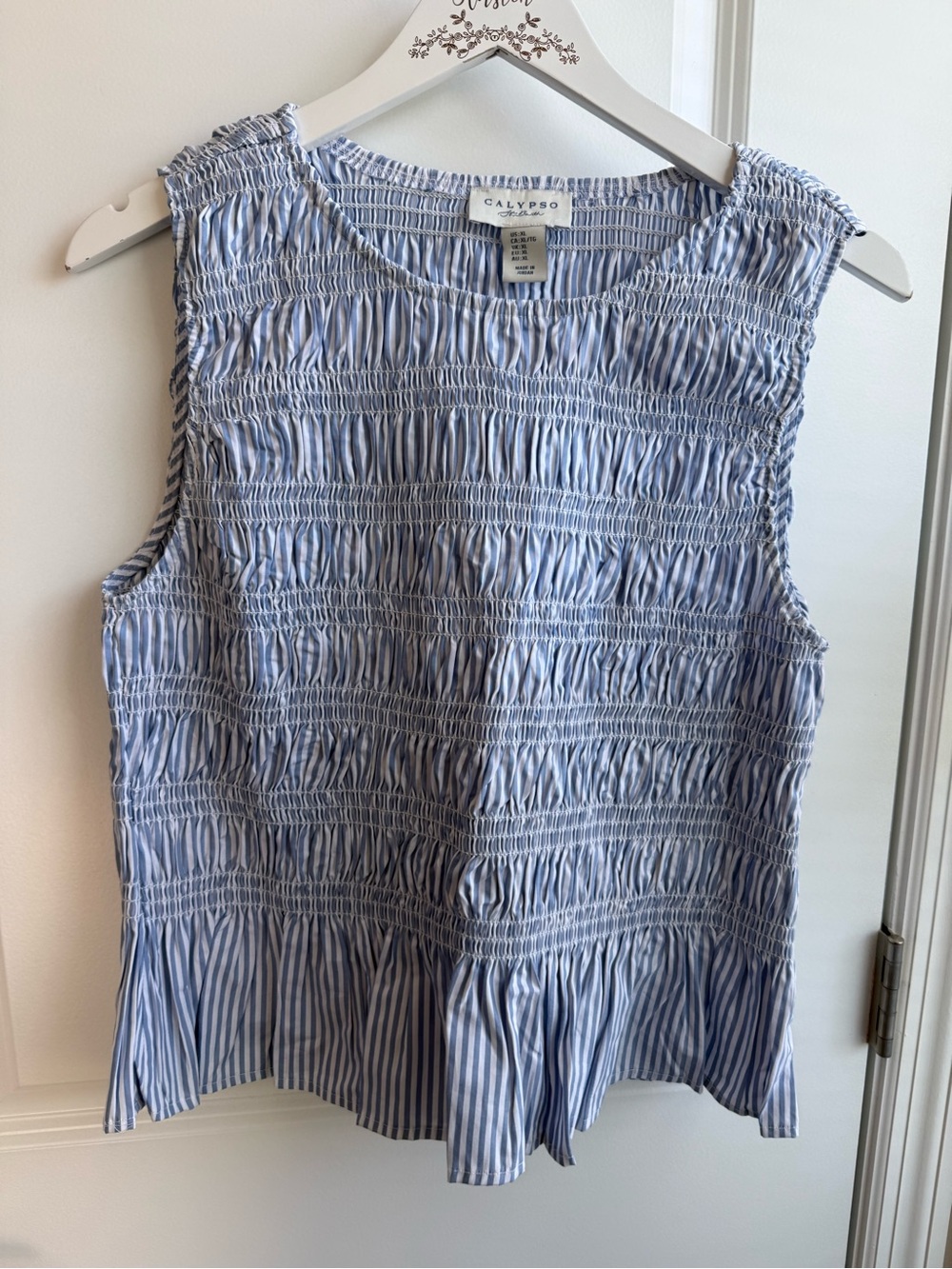 Calypso St. Barth Smocked Blue White Striped Blouse CottageCore Ruffle XL Preppy